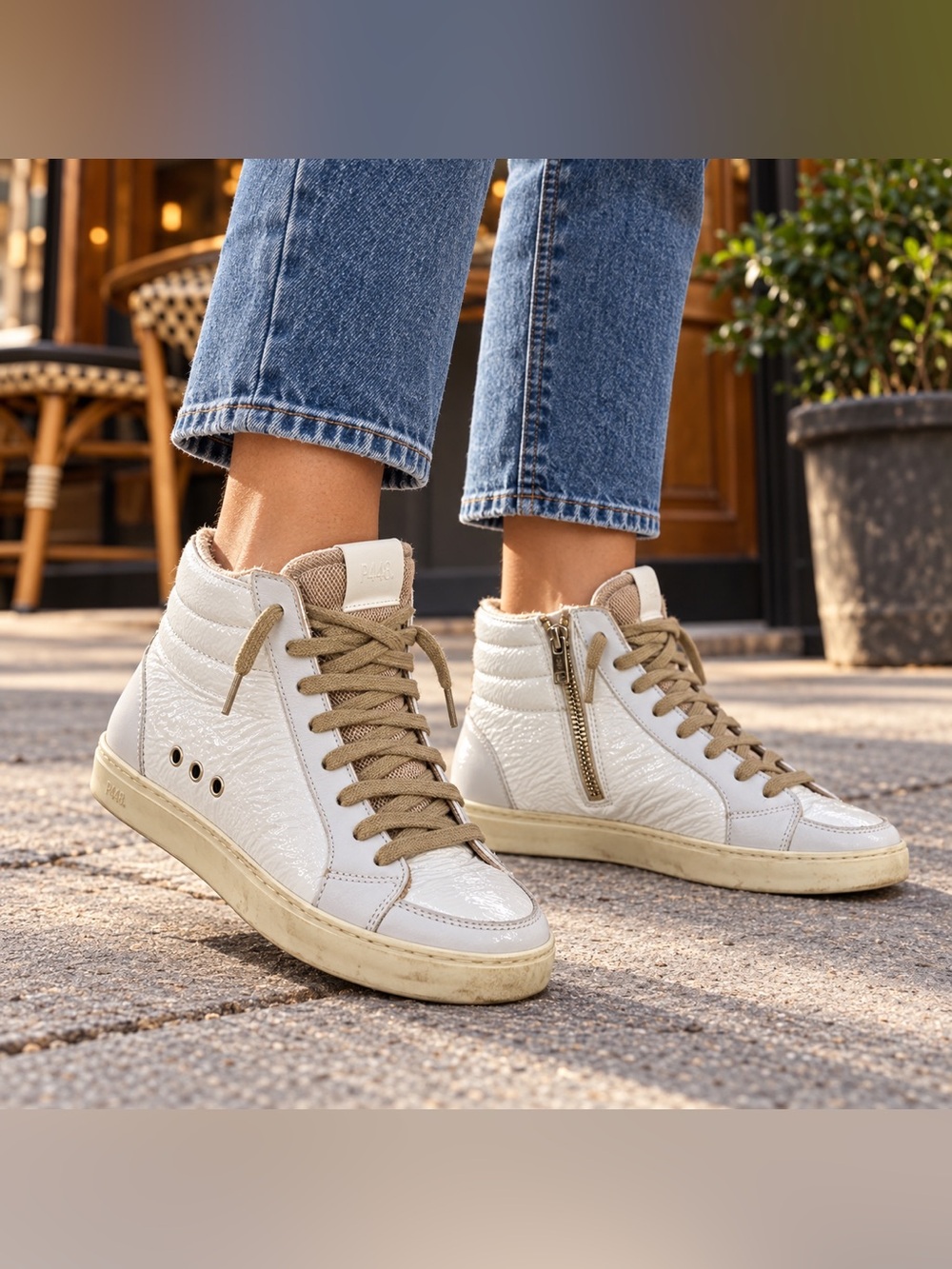 LIKE-NEW P448 White Patent Leather High Top Sneakers with Tan Laces EU 36